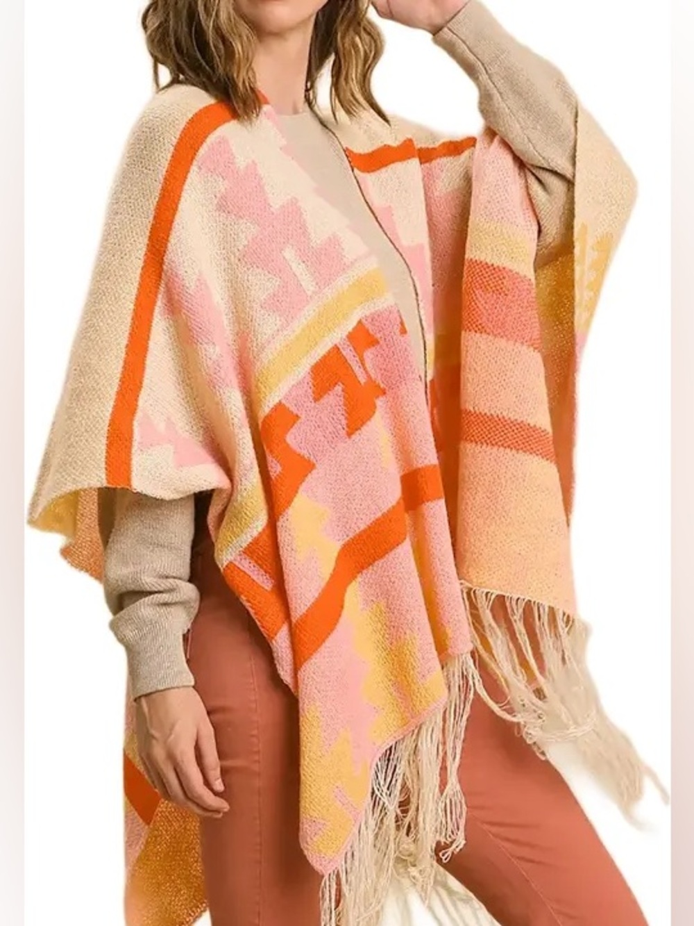 Umgee Pink Orange Cream Geometric Fringe Poncho